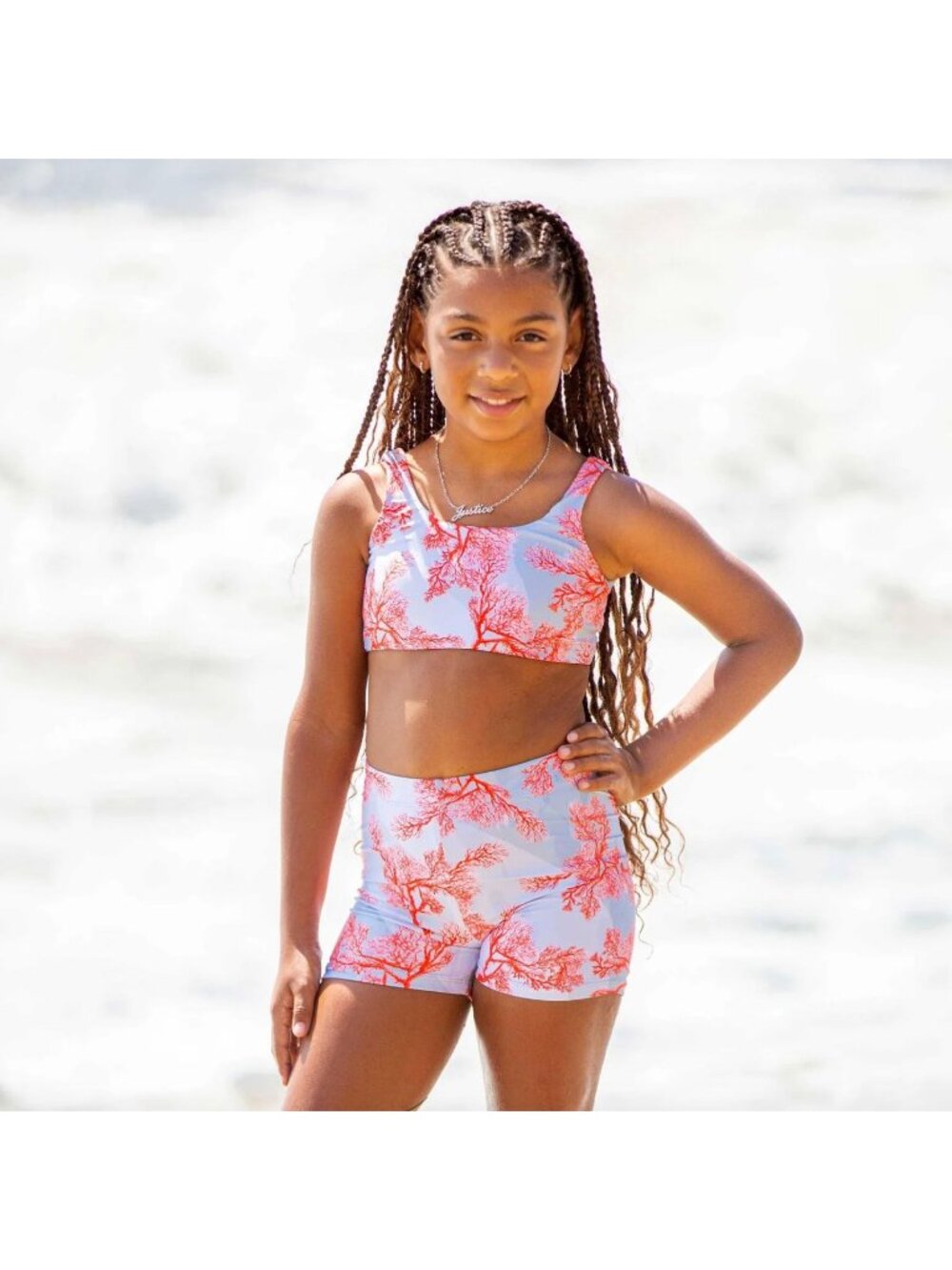 Agua Bendita X I Am Corales Brightiam Coral Print Bikini Top Blue/Pink Girls Siz